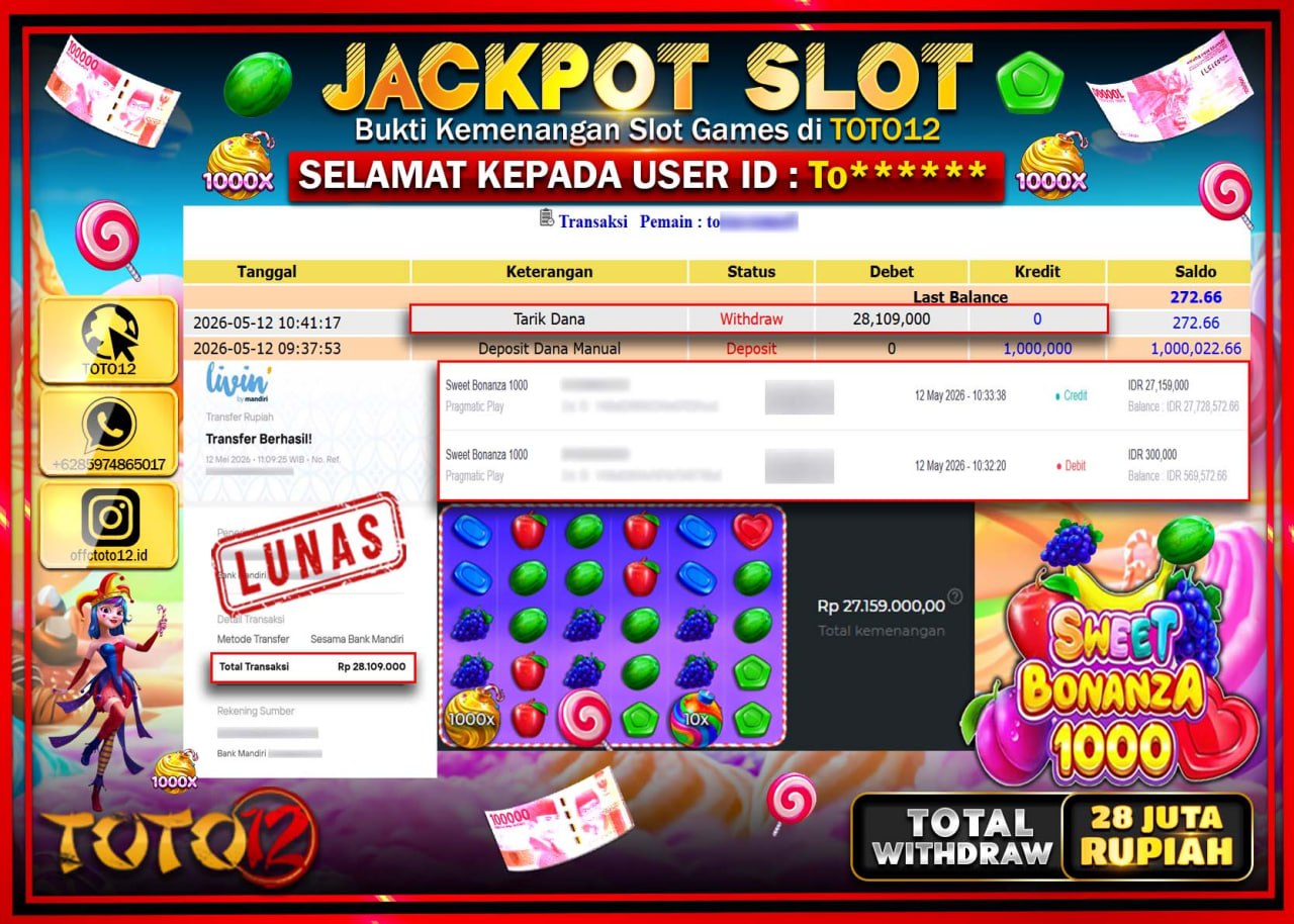 HANYA DI TOTO12 JP PASTI DI BAYAR LUNAS DAN CEPAT!!!!!! JACKPOT SLOT GAME (SWEET BONANZA 1000) Rp28.109.000!!!!
