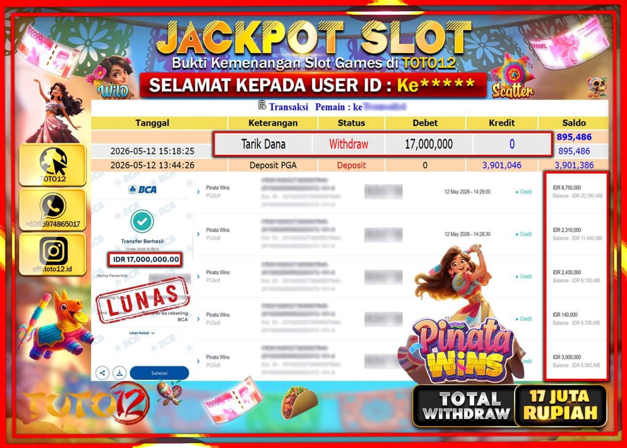 HANYA DI TOTO12 JP PASTI DI BAYAR LUNAS DAN CEPAT!!!!!! JACKPOT SLOT GAME (PINATA WINS) Rp17.000.000!!!!