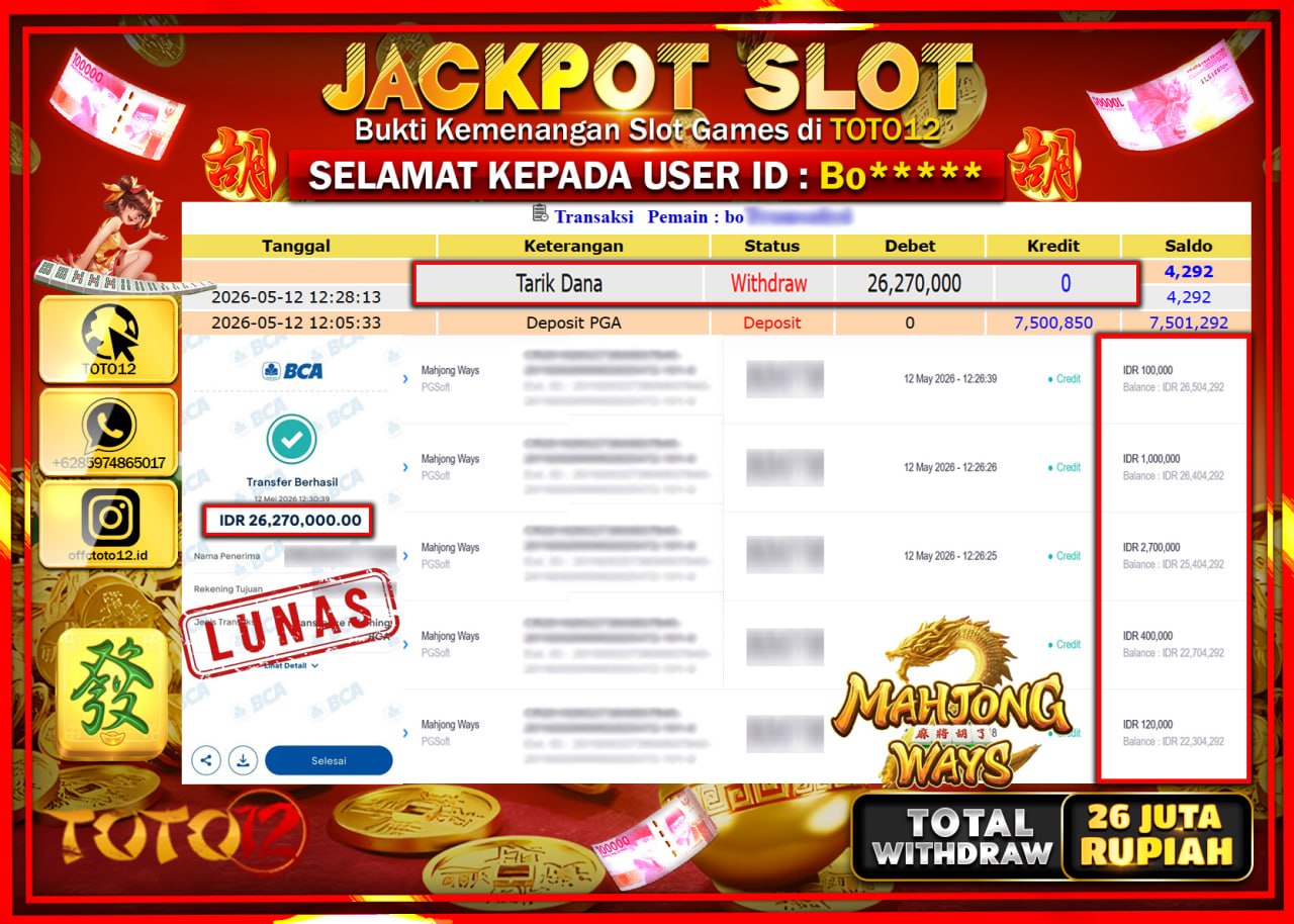 HANYA DI TOTO12 JP PASTI DI BAYAR LUNAS DAN CEPAT!!!!!! JACKPOT SLOT GAME (MAHJONG WAYS) Rp26.270.000!!!!