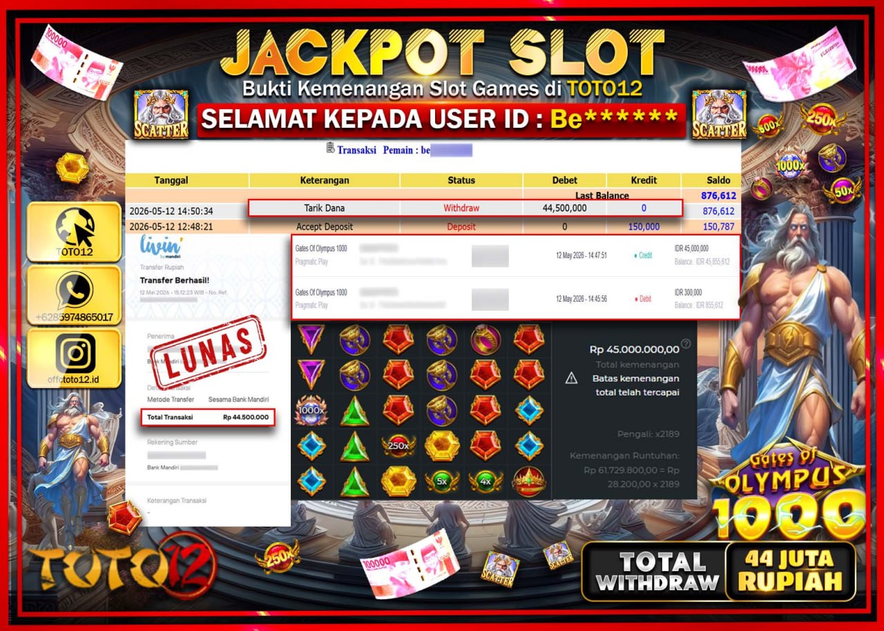 HANYA DI TOTO12 JP PASTI DI BAYAR LUNAS DAN CEPAT!!!!!! JACKPOT SLOT GAME (GATES OF OLYMPUS 1000) Rp44.500.000!!!!