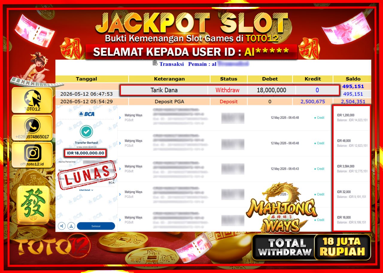 HANYA DI TOTO12 JP PASTI DI BAYAR LUNAS DAN CEPAT!!!!!! JACKPOT SLOT GAME (MAHJONG WAYS) Rp18.000.000!!!!