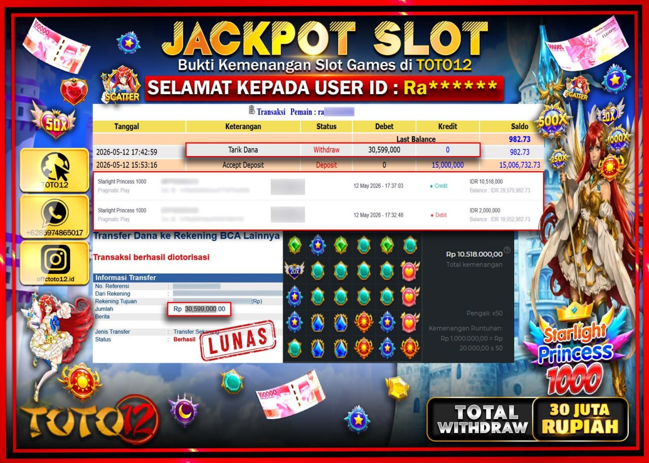 HANYA DI TOTO12 JP PASTI DI BAYAR LUNAS DAN CEPAT!!!!!! JACKPOT SLOT GAME (STARLIGHT PRINCESS 1000) Rp30.599.000!!!!