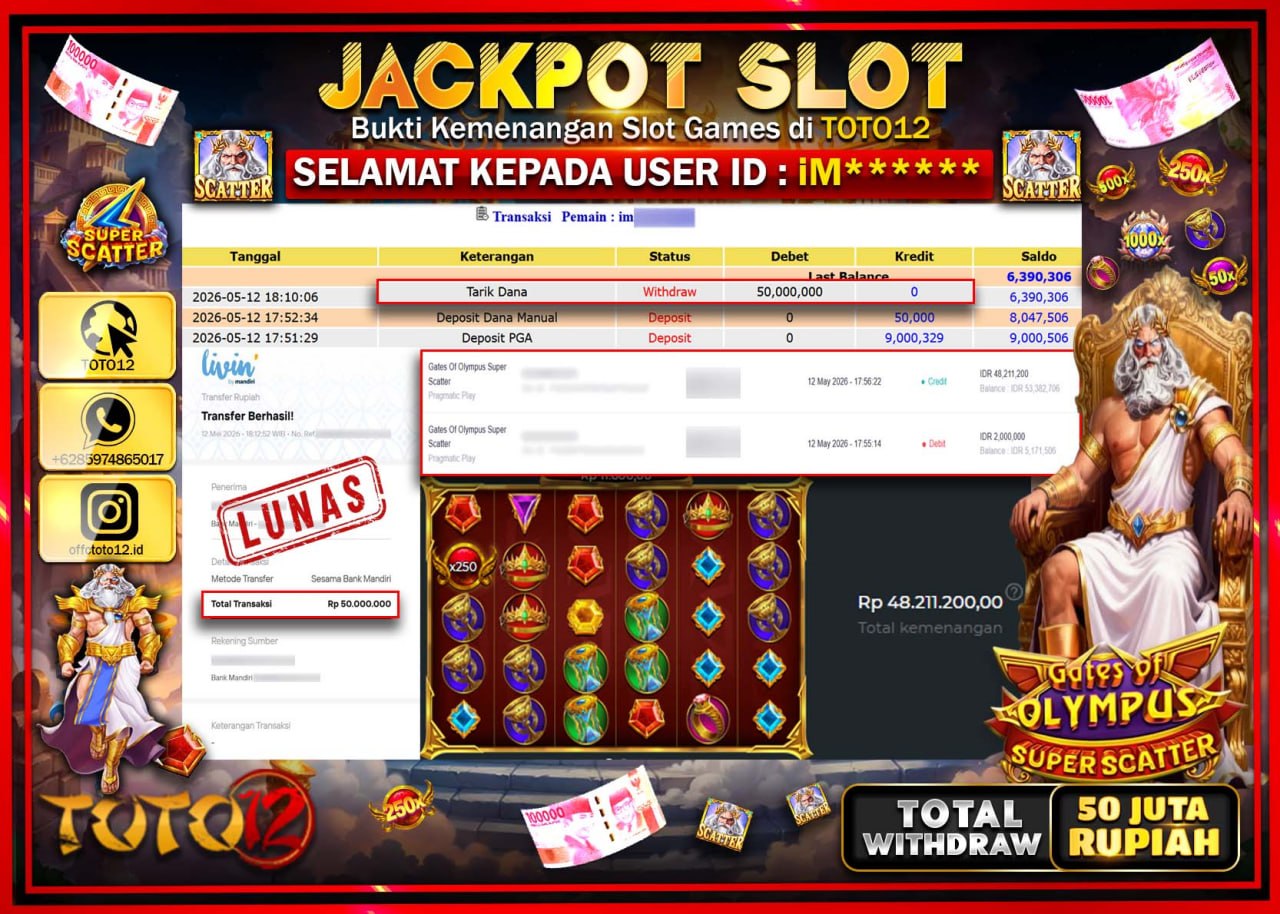HANYA DI TOTO12 JP PASTI DI BAYAR LUNAS DAN CEPAT!!!!!! JACKPOT SLOT GAME (GATES OF OLYMPUS SUPER SCATTER) Rp50.000.000!!!!