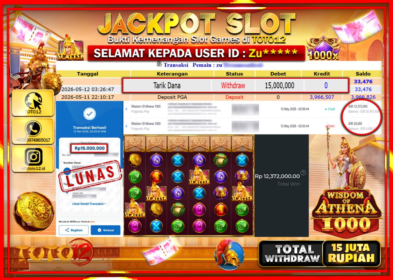 HANYA DI TOTO12 JP PASTI DI BAYAR LUNAS DAN CEPAT!!!!!! JACKPOT SLOT GAME (WISDOM OF ATHENA 1000) Rp15.000.000!!!!