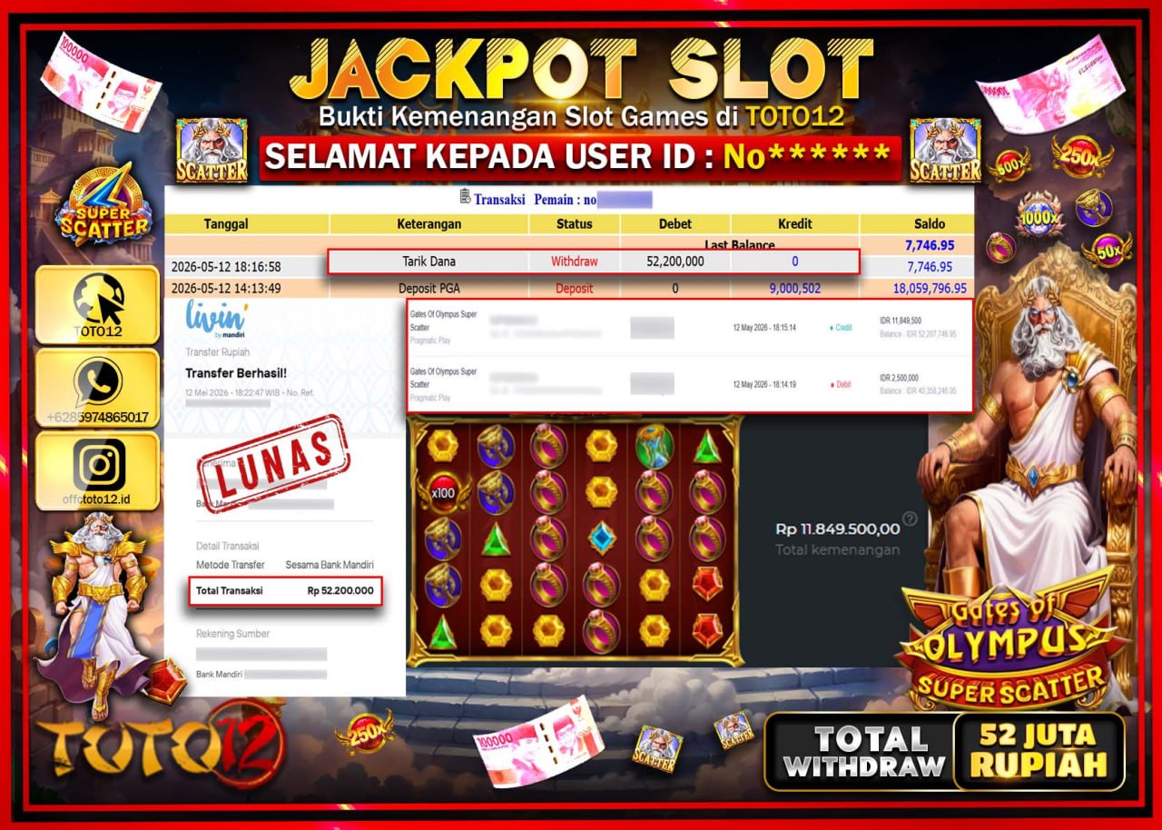 HANYA DI TOTO12 JP PASTI DI BAYAR LUNAS DAN CEPAT!!!!!! JACKPOT SLOT GAME (GATES OF OLYMPUS SUPER SCATTER) Rp52.200.000!!!!