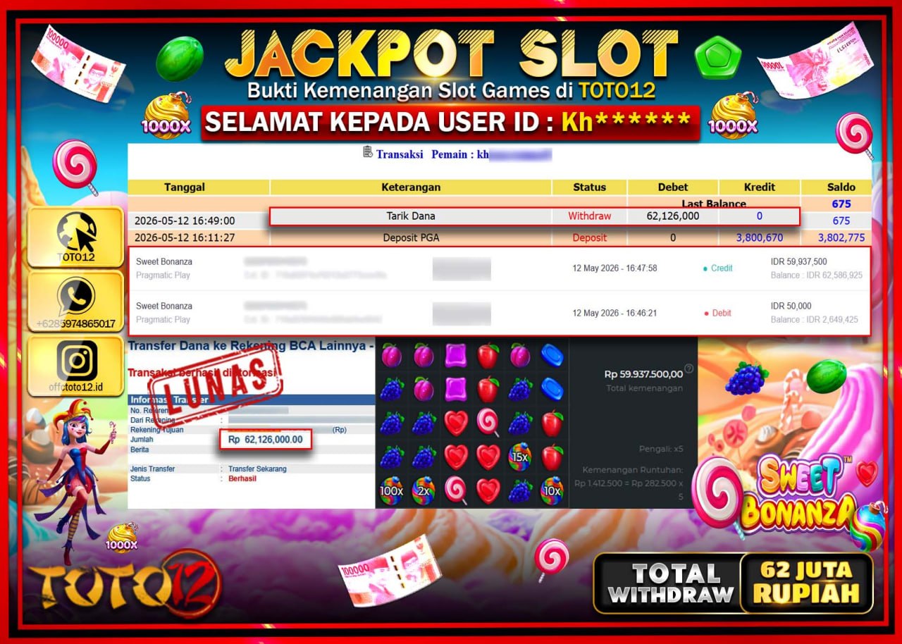 HANYA DI TOTO12 JP PASTI DI BAYAR LUNAS DAN CEPAT!!!!!! JACKPOT SLOT GAME (SWEET BONANZA) Rp62.126.000!!!!