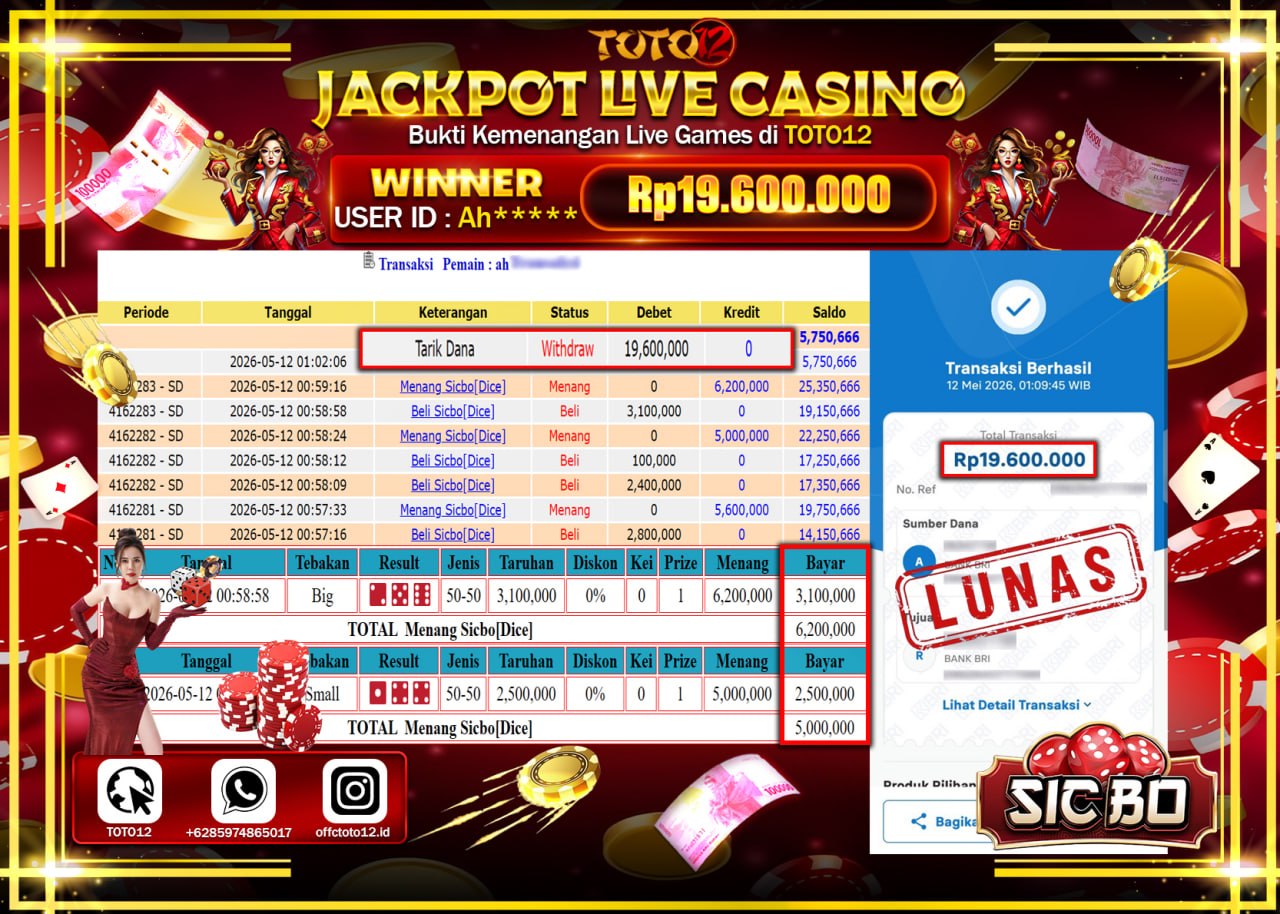 HANYA DI TOTO12 JP PASTI DI BAYAR LUNAS DAN CEPAT!!!!!! JACKPOT  LIVE GAME CASINO (SICBO DICE) Rp19.600.000!!!!