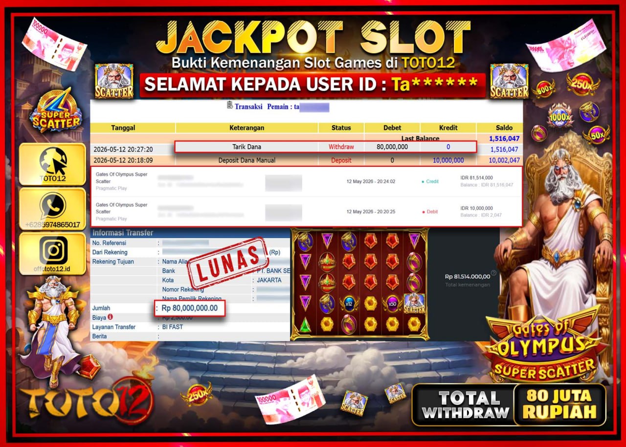 HANYA DI TOTO12 JP PASTI DI BAYAR LUNAS DAN CEPAT!!!!!! JACKPOT SLOT GAME (GATES OF OLYMPUS SUPER SCATTER) Rp80.000.000!!!!