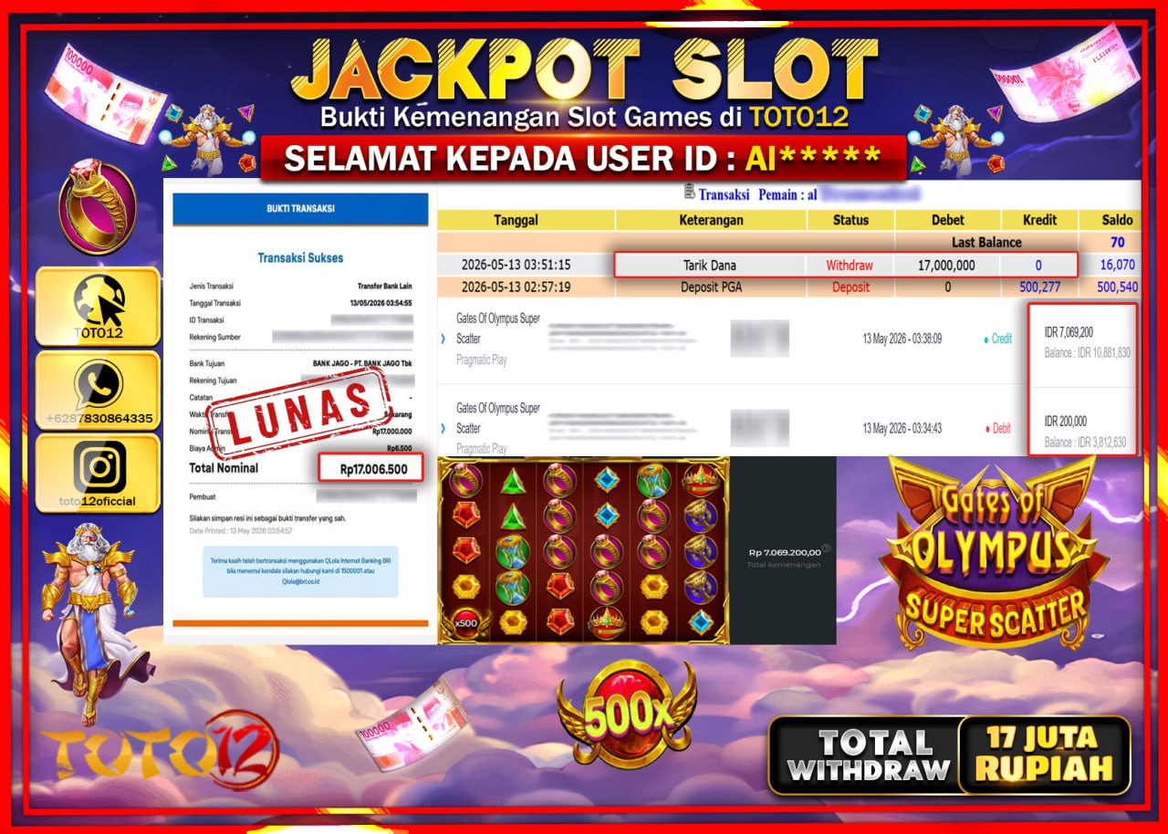 HANYA DI TOTO12 JP PASTI DI BAYAR LUNAS DAN CEPAT!!!!!! JACKPOT SLOT GAME (GATES OF OLYMPUS SUPER SCATTER) Rp17.000.000!!!!