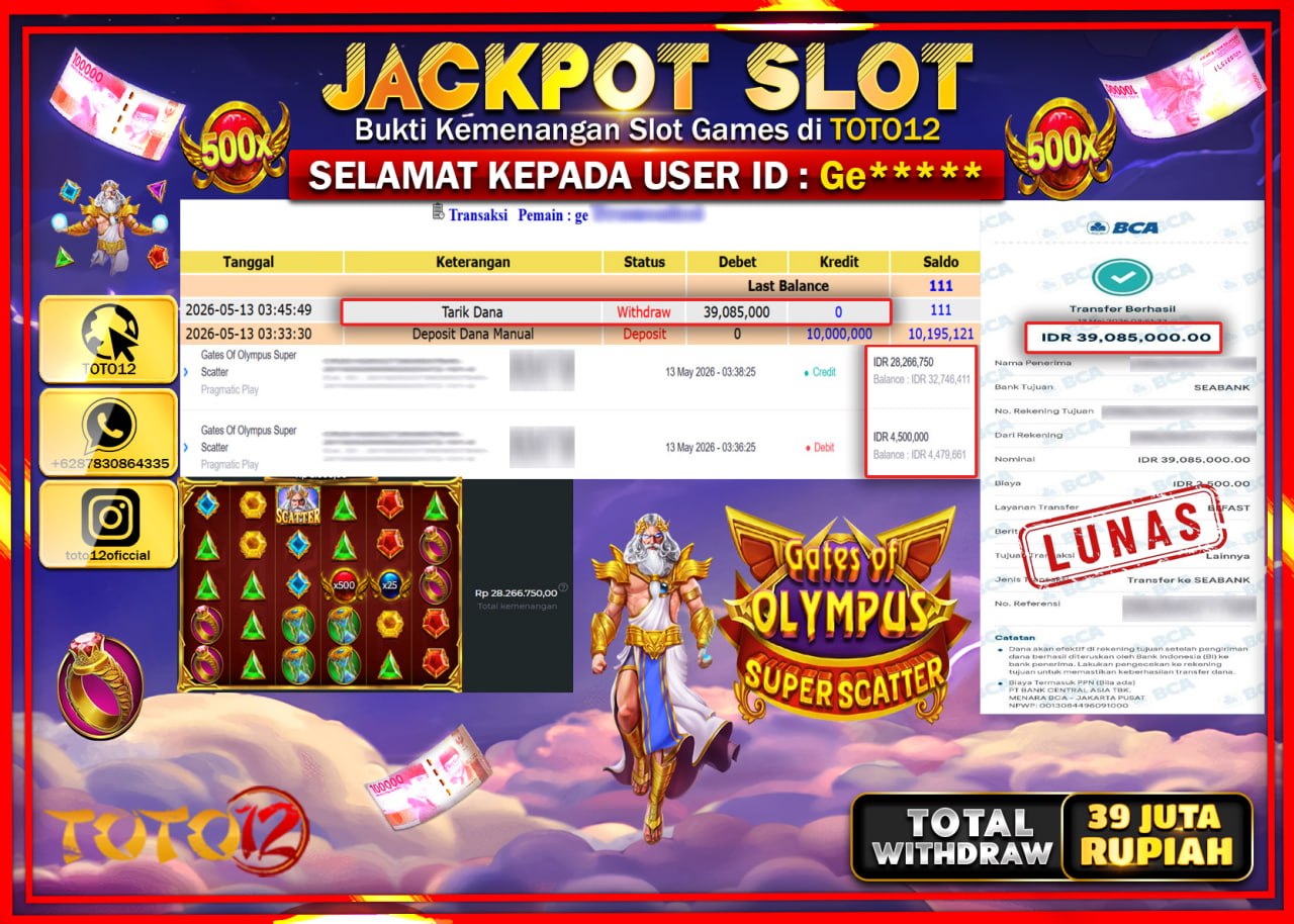 HANYA DI TOTO12 JP PASTI DI BAYAR LUNAS DAN CEPAT!!!!!! JACKPOT SLOT GAME (GATES OF OLYMPUS SUPER SCATTER) Rp39.085.000!!!!