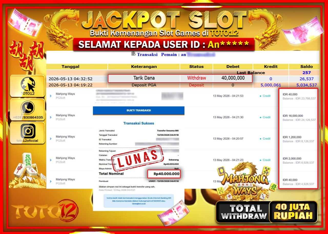 HANYA DI TOTO12 JP PASTI DI BAYAR LUNAS DAN CEPAT!!!!!! JACKPOT SLOT GAME (MAHJONG WAYS) Rp40.000.000!!!!