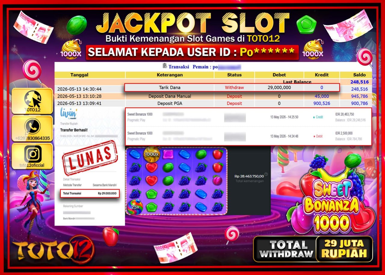 HANYA DI TOTO12 JP PASTI DI BAYAR LUNAS DAN CEPAT!!!!!! JACKPOT SLOT GAME (SWEET BONANZA 1000) Rp29.000.000!!!!
