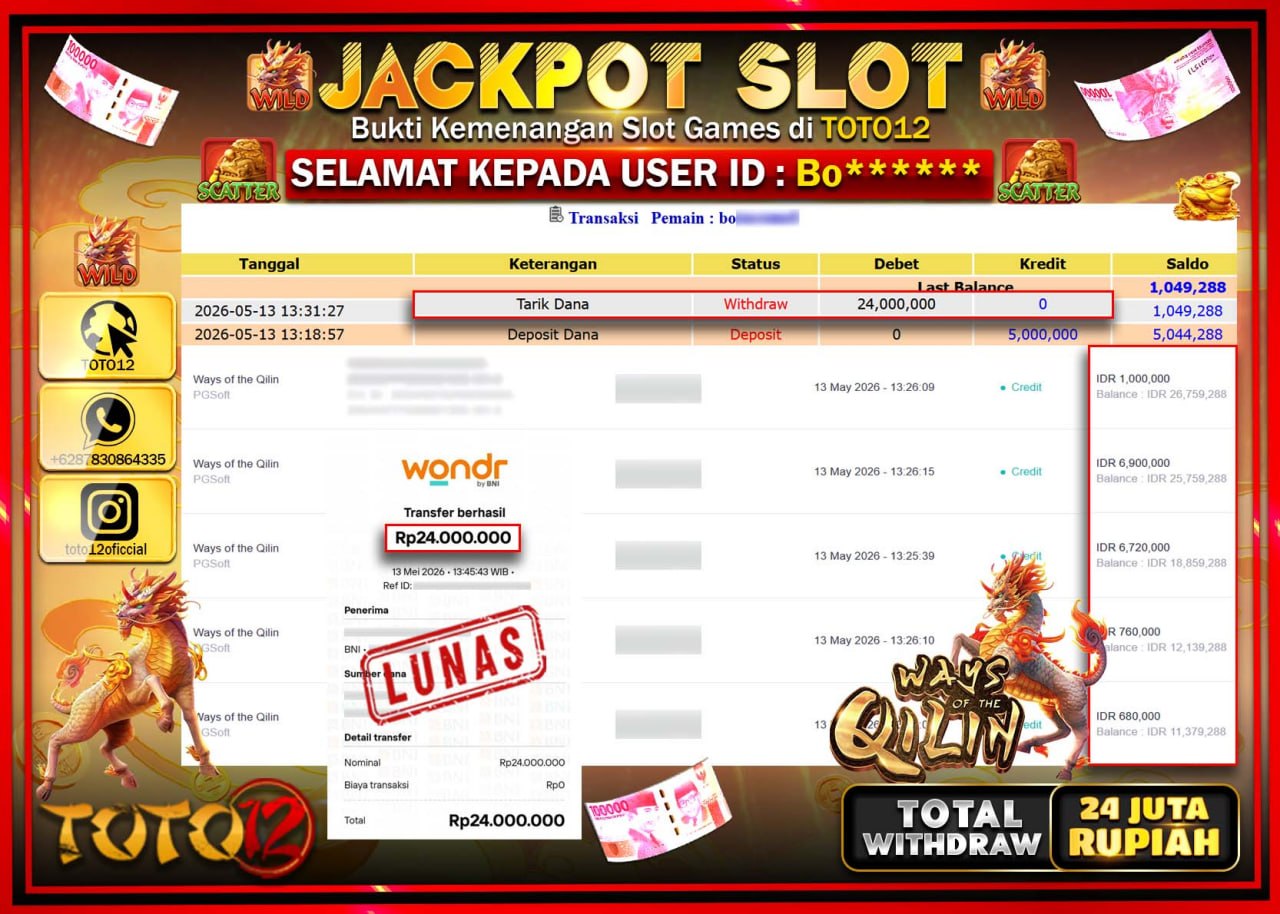 HANYA DI TOTO12 JP PASTI DI BAYAR LUNAS DAN CEPAT!!!!!! JACKPOT SLOT GAME (WAYS OF THE QILIN) Rp24.000.000!!!!