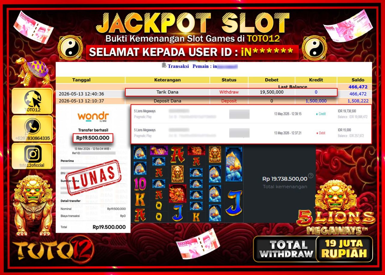 HANYA DI TOTO12 JP PASTI DI BAYAR LUNAS DAN CEPAT!!!!!! JACKPOT SLOT GAME (5 LIONS MEGAWAYS) Rp19.500.000!!!!