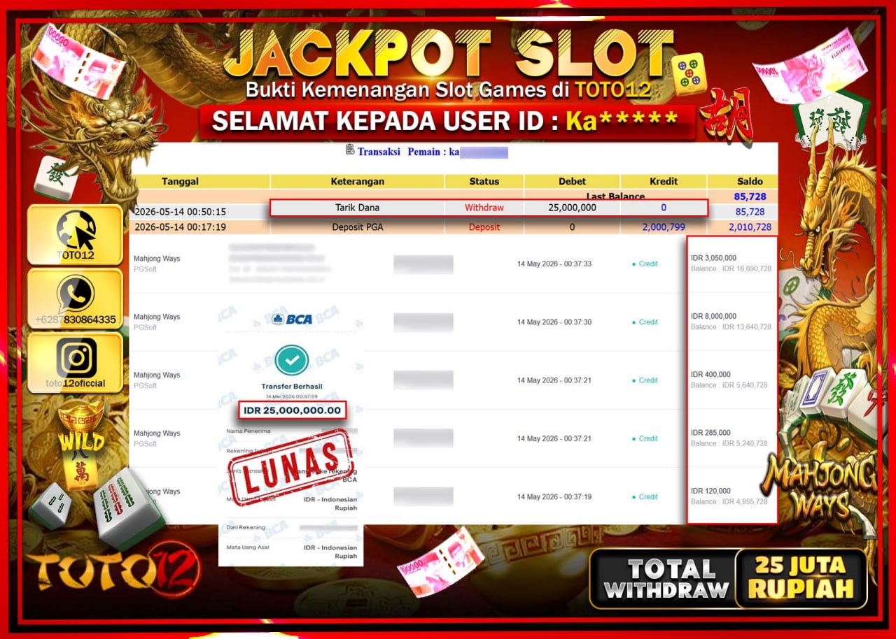 HANYA DI TOTO12 JP PASTI DI BAYAR LUNAS DAN CEPAT!!!!!! JACKPOT SLOT GAME (MAHJONG WAYS) Rp25.000.000!!!!