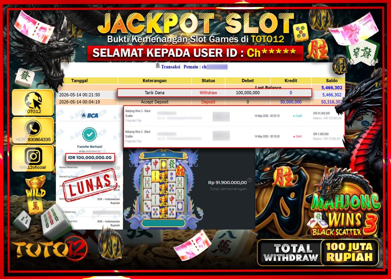 HANYA DI TOTO12 JP PASTI DI BAYAR LUNAS DAN CEPAT!!!!!! JACKPOT SLOT GAME (MAHJONG WINS 3 BLACK SCATTER) Rp100.000.000!!!!