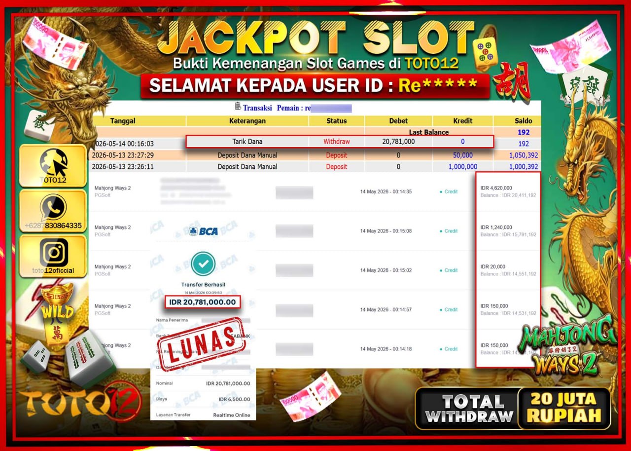 HANYA DI TOTO12 JP PASTI DI BAYAR LUNAS DAN CEPAT!!!!!! JACKPOT SLOT GAME (MAHJONG WAYS 2) Rp20.781.000!!!!