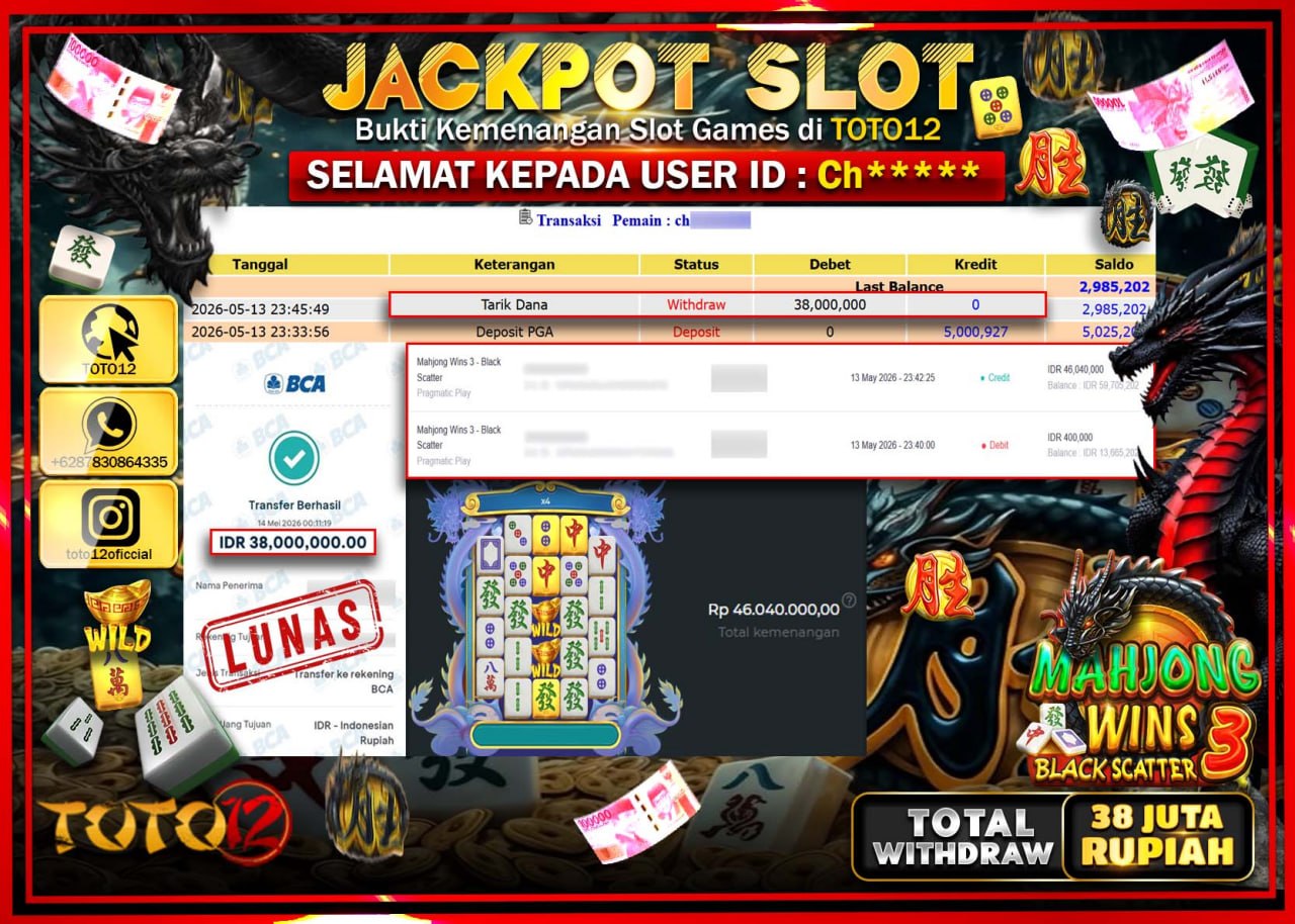 HANYA DI TOTO12 JP PASTI DI BAYAR LUNAS DAN CEPAT!!!!!! JACKPOT SLOT GAME (MAHJONG WINS 3 BLACK SCATTER) Rp38.000.000!!!!