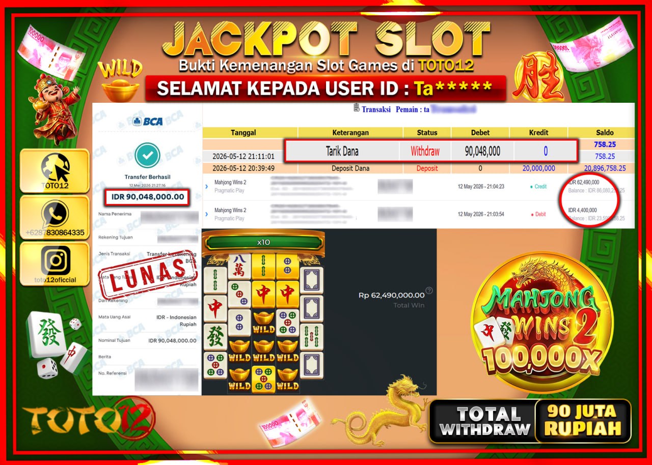 HANYA DI TOTO12 JP PASTI DI BAYAR LUNAS DAN CEPAT!!!!!! JACKPOT SLOT GAME (MAHJONG WINS 2) Rp90.048.000!!!!