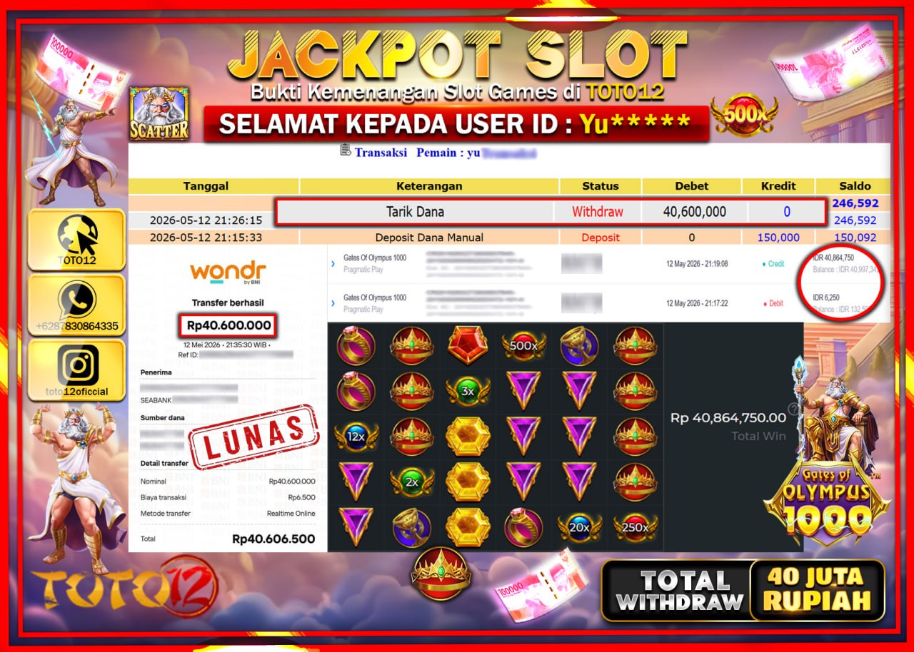 HANYA DI TOTO12 JP PASTI DI BAYAR LUNAS DAN CEPAT!!!!!! JACKPOT SLOT GAME (GATES OF OLYMPUS 1000) Rp40.600.000!!!!