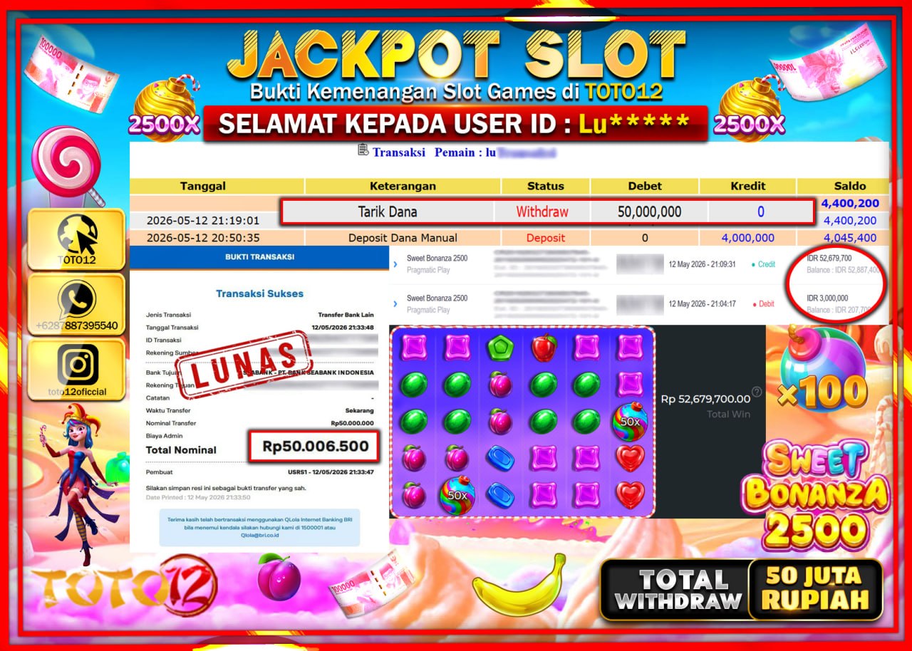 HANYA DI TOTO12 JP PASTI DI BAYAR LUNAS DAN CEPAT!!!!!! JACKPOT SLOT GAME (SWEET BONANZA 2500) Rp50.000.000!!!!