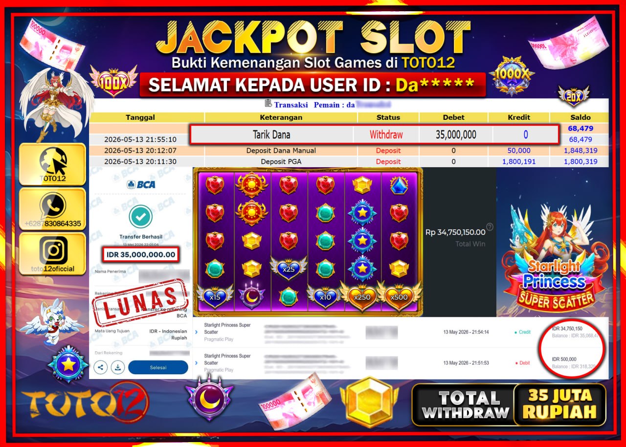 HANYA DI TOTO12 JP PASTI DI BAYAR LUNAS DAN CEPAT!!!!!! JACKPOT SLOT GAME (STARLIGHT PRINCESS SUPER SCATTER) Rp35.000.000!!!!