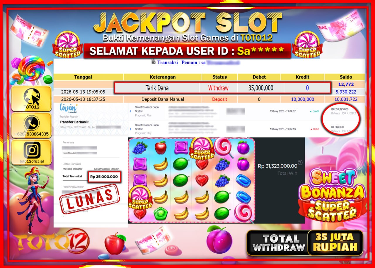 HANYA DI TOTO12 JP PASTI DI BAYAR LUNAS DAN CEPAT!!!!!! JACKPOT SLOT GAME (SWEET BONANZA SUPER SCATTER) Rp35.000.000!!!!