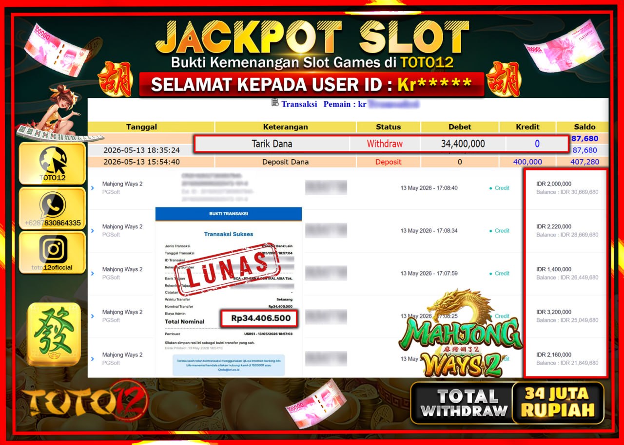 HANYA DI TOTO12 JP PASTI DI BAYAR LUNAS DAN CEPAT!!!!!! JACKPOT SLOT GAME (MAHJONG WAYS 2) Rp34.400.000!!!!