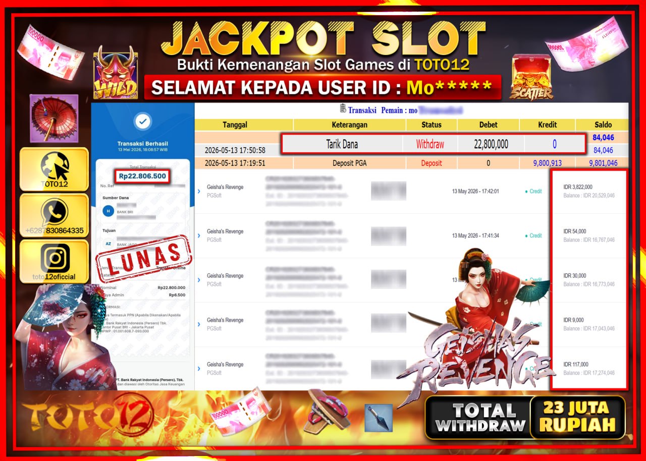 HANYA DI TOTO12 JP PASTI DI BAYAR LUNAS DAN CEPAT!!!!!! JACKPOT SLOT GAME (GEISHAS REVENGE) Rp22.800.000!!!!