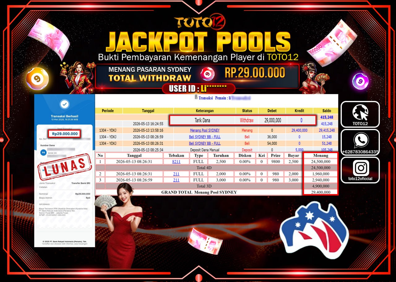 HANYA DI TOTO12 JP PASTI DI BAYAR LUNAS DAN CEPAT!!!!!! JACKPOT POOLS PASARAN (SYDNEY) Rp29.000.000!!!!