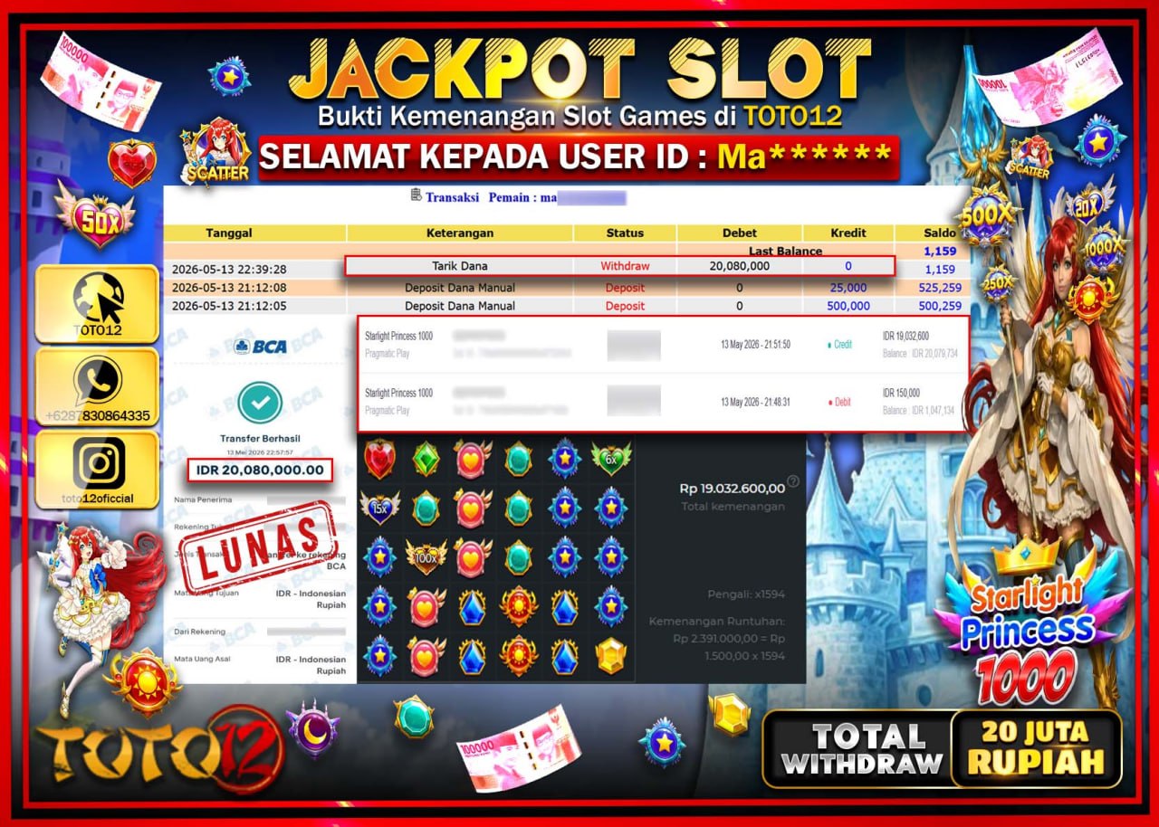 HANYA DI TOTO12 JP PASTI DI BAYAR LUNAS DAN CEPAT!!!!!! JACKPOT SLOT GAME (STARLIGHT PRINCESS 1000) Rp20.080.000!!!!