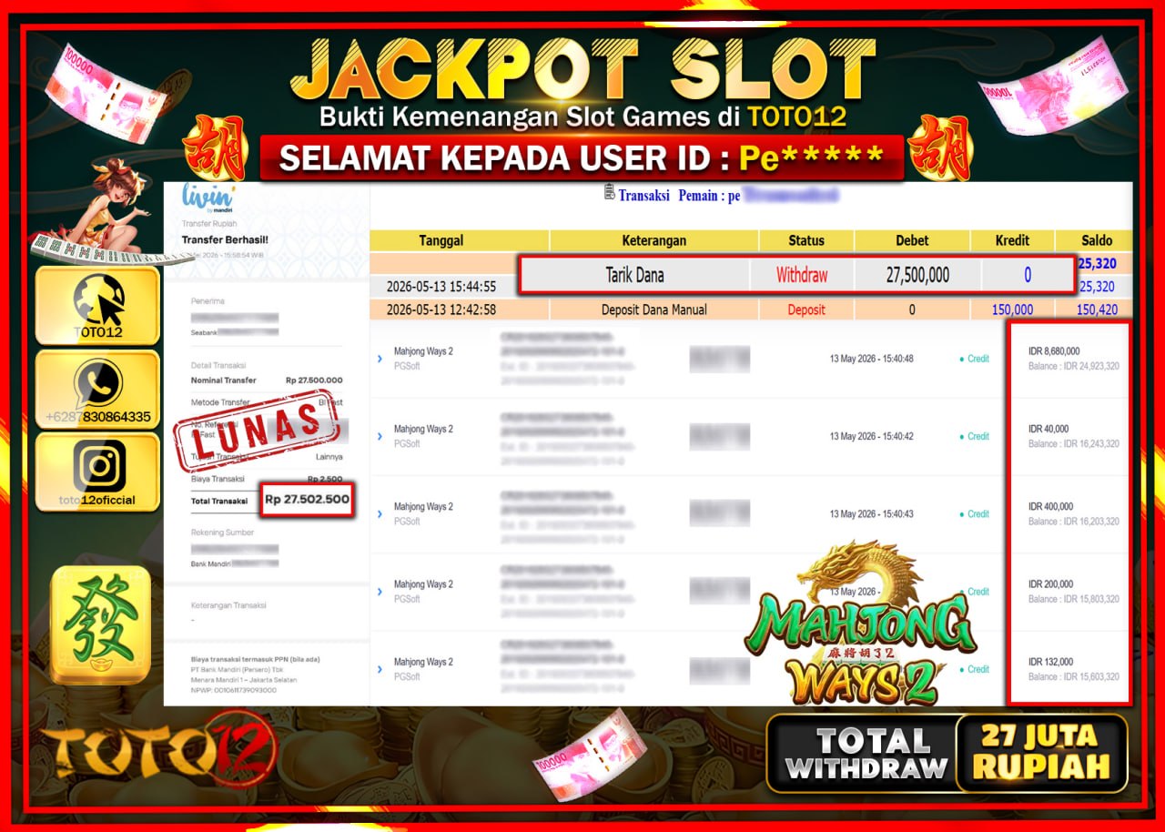 HANYA DI TOTO12 JP PASTI DI BAYAR LUNAS DAN CEPAT!!!!!! JACKPOT SLOT GAME (MAHJONG WAYS 2) Rp27.500.000!!!!