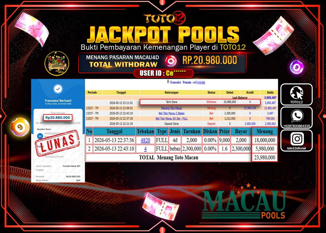 HANYA DI TOTO12 JP PASTI DI BAYAR LUNAS DAN CEPAT!!!!!! JACKPOT POOLS PASARAN (MACAU 4D) Rp20.980.000!!!!