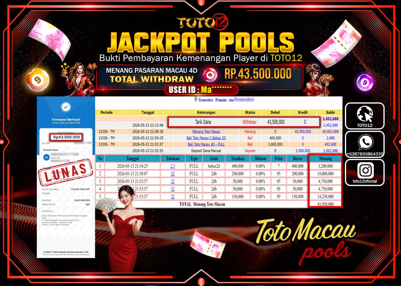 HANYA DI TOTO12 JP PASTI DI BAYAR LUNAS DAN CEPAT!!!!!! JACKPOT POOLS PASARAN (MACAU 4D) Rp43.500.000!!!!
