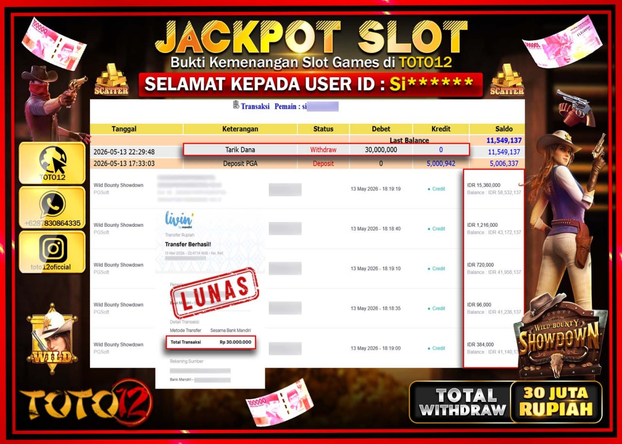 HANYA DI TOTO12 JP PASTI DI BAYAR LUNAS DAN CEPAT!!!!!! JACKPOT SLOT GAME (WILD BOUNTY SHOWDOWN) Rp30.000.000!!!!