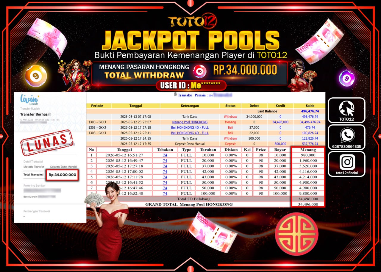 HANYA DI TOTO12 JP PASTI DI BAYAR LUNAS DAN CEPAT!!!!!! JACKPOT POOLS PASARAN (HONGKONG) Rp34.000.000!!!!