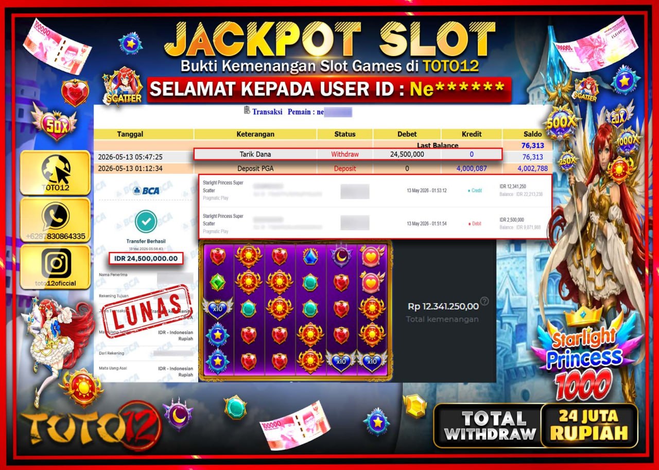 HANYA DI TOTO12 JP PASTI DI BAYAR LUNAS DAN CEPAT!!!!!! JACKPOT SLOT GAME (STARLIGHT PRINCESS 1000) Rp24.500.000!!!!