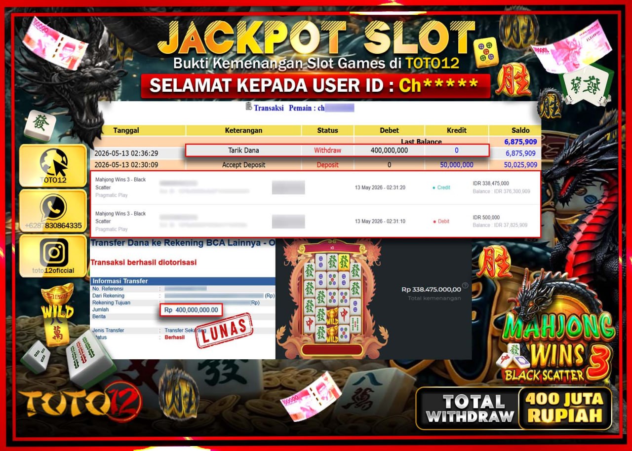 HANYA DI TOTO12 JP PASTI DI BAYAR LUNAS DAN CEPAT!!!!!! JACKPOT SLOT GAME (MAHJONG WINS 3 BLACK SCATTER) Rp400.000.000!!!!