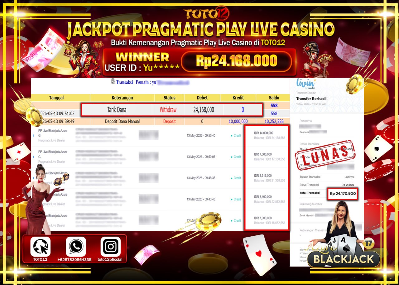 HANYA DI TOTO12 JP PASTI DI BAYAR LUNAS DAN CEPAT!!!!!! JACKPOT PRAGMATIC PLAY LIVE GAME CASINO (PP LIVE BLACKJACK AZURE G) Rp24.168.000!!!!