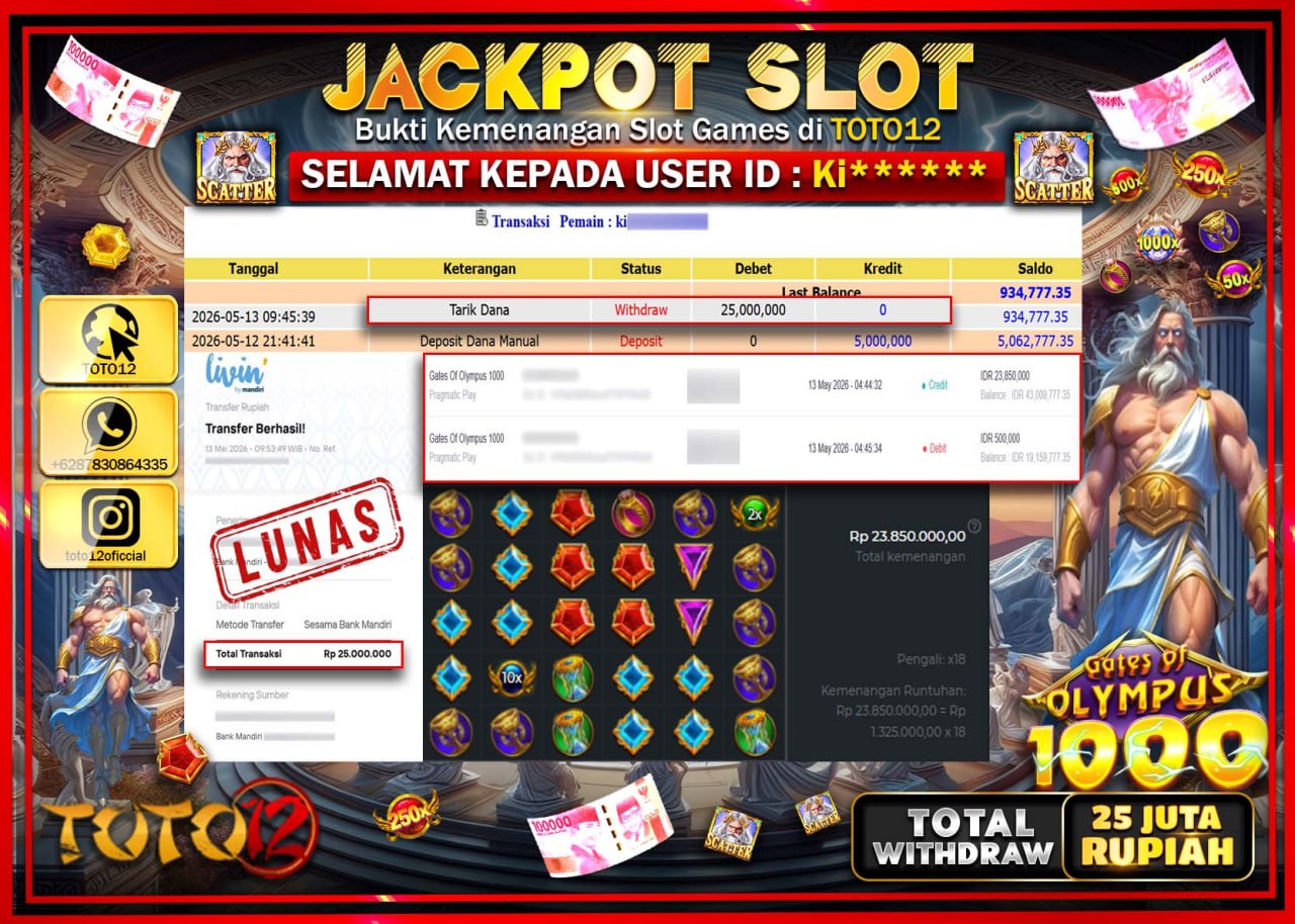 HANYA DI TOTO12 JP PASTI DI BAYAR LUNAS DAN CEPAT!!!!!! JACKPOT SLOT GAME (GATES OF OLYMPUS 1000) Rp25.000.000!!!!