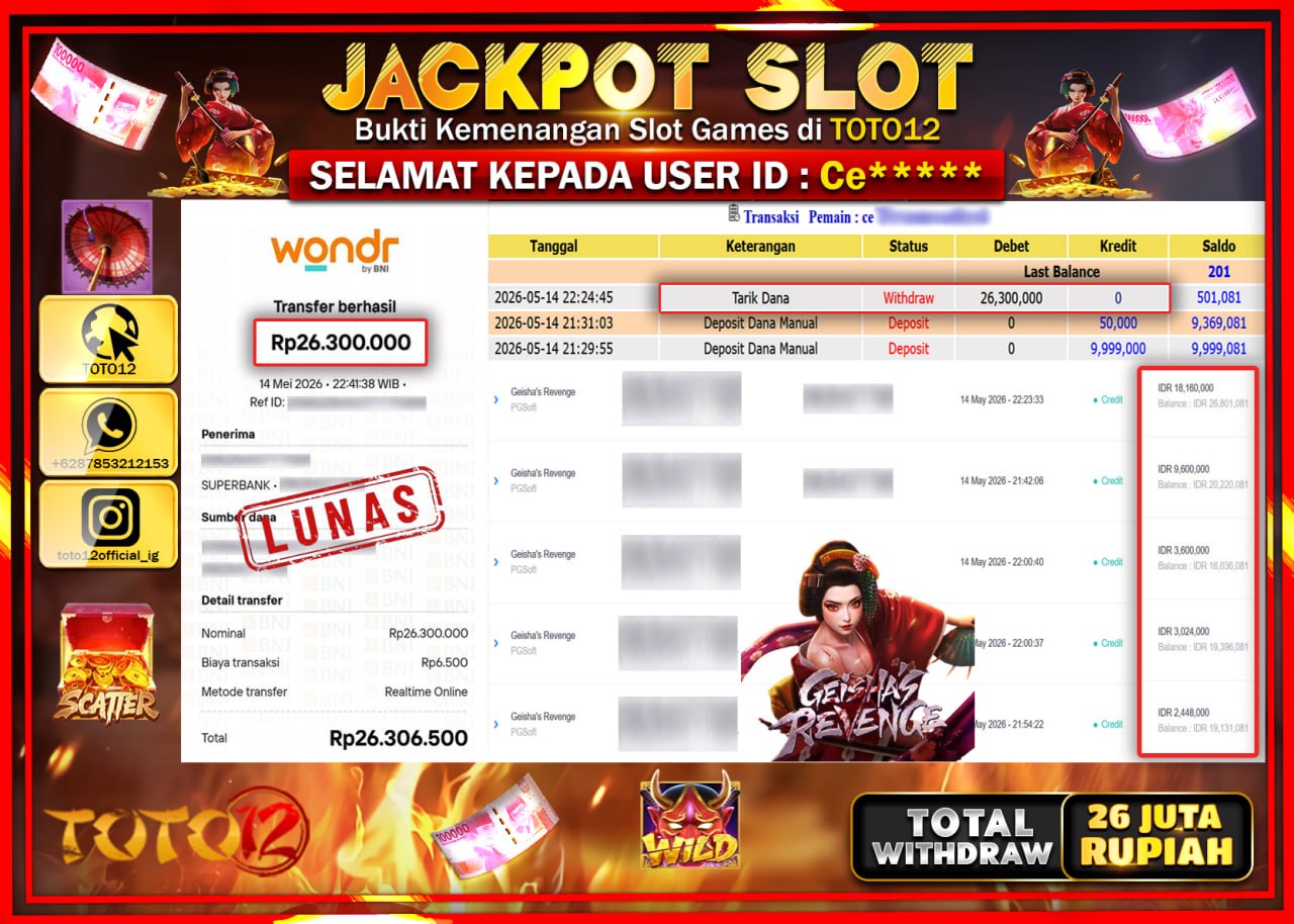 HANYA DI TOTO12 JP PASTI DI BAYAR LUNAS DAN CEPAT!!!!!! JACKPOT SLOT GAME (GEISHAS REVENGE) Rp26.300.000!!!!