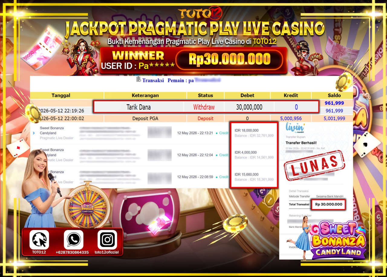 HANYA DI TOTO12 JP PASTI DI BAYAR LUNAS DAN CEPAT!!!!!! JACKPOT  LIVE GAME CASINO (SWEET BONANZA CANDYLAND) Rp30.000.000!!!!
