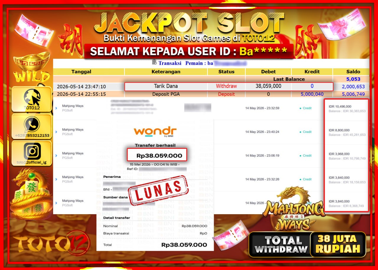 HANYA DI TOTO12 JP PASTI DI BAYAR LUNAS DAN CEPAT!!!!!! JACKPOT SLOT GAME (MAHJONG WAYS) Rp38.059.000!!!!