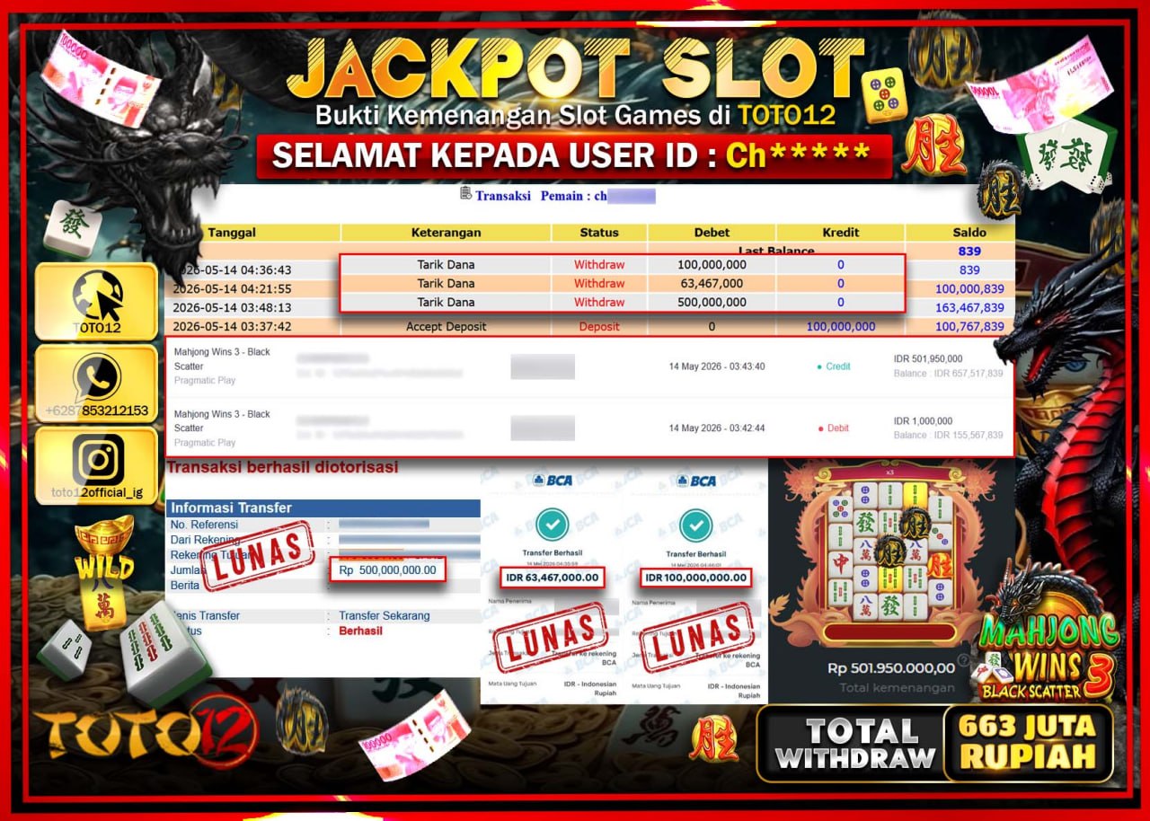 HANYA DI TOTO12 JP PASTI DI BAYAR LUNAS DAN CEPAT!!!!!! JACKPOT SLOT GAME (MAHJONG WINS 3 BLACK SCATTER) Rp663.467.000!!!!