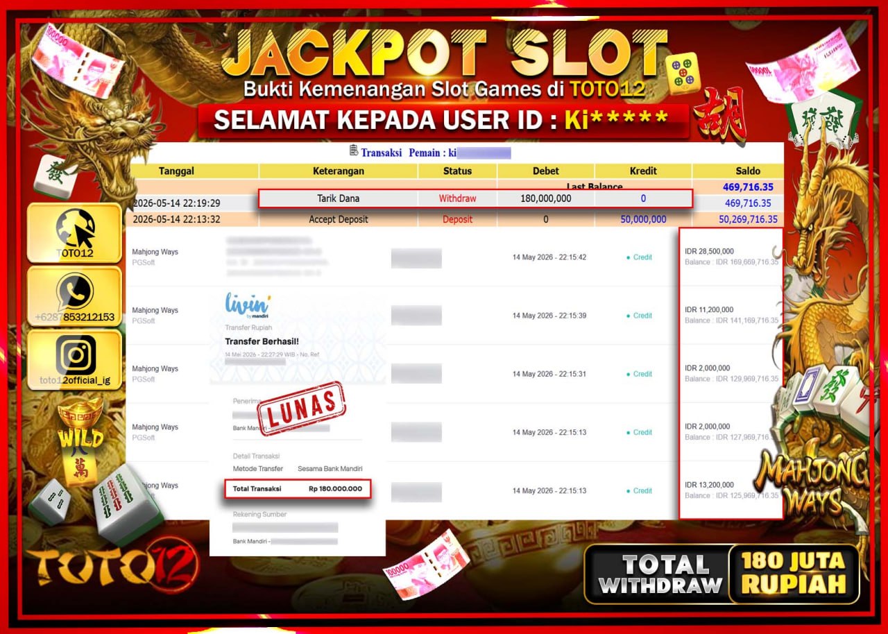 HANYA DI TOTO12 JP PASTI DI BAYAR LUNAS DAN CEPAT!!!!!! JACKPOT SLOT GAME (MAHJONG WAYS) Rp180.000.000!!!!