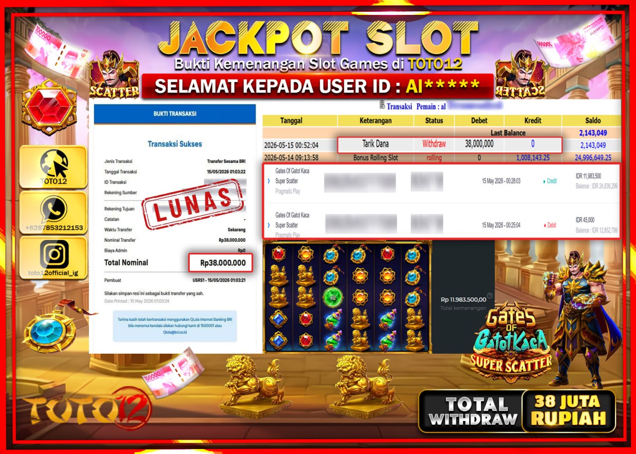 HANYA DI TOTO12 JP PASTI DI BAYAR LUNAS DAN CEPAT!!!!!! JACKPOT SLOT GAME (GATES OF GATOT KACA SUPER SCATTER) Rp38.000.000!!!!