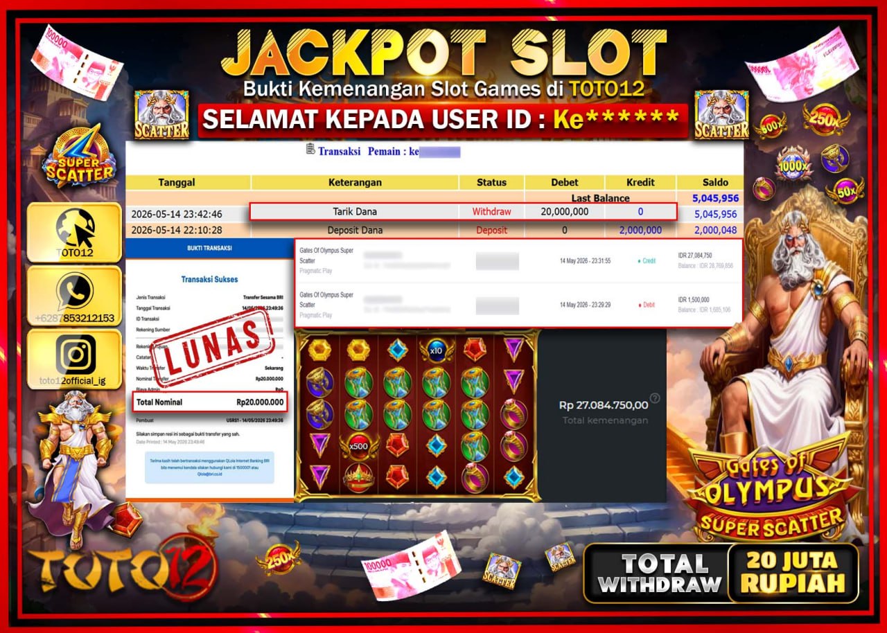 HANYA DI TOTO12 JP PASTI DI BAYAR LUNAS DAN CEPAT!!!!!! JACKPOT SLOT GAME (GATES OF OLYMPUS SUPER SCATTER) Rp20.000.000!!!!