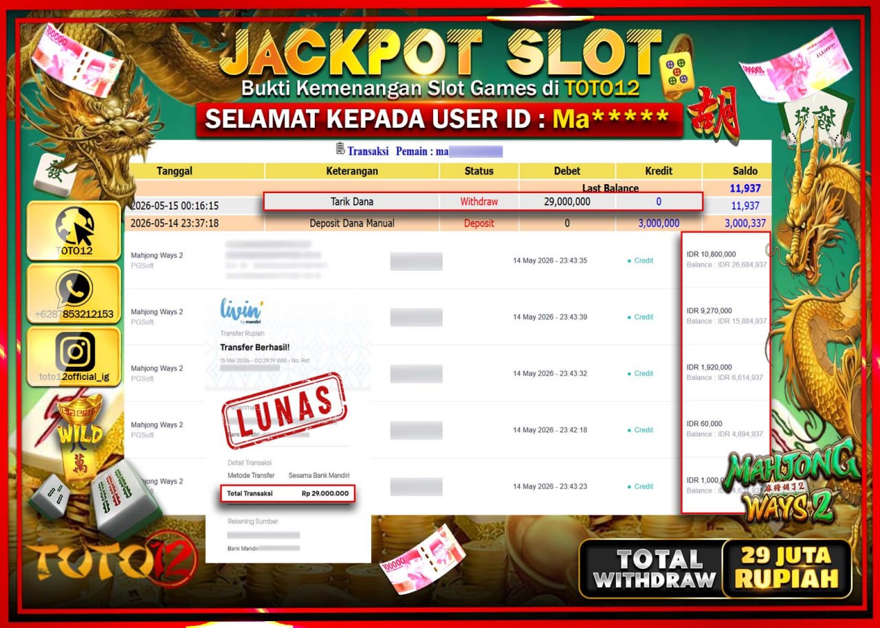 HANYA DI TOTO12 JP PASTI DI BAYAR LUNAS DAN CEPAT!!!!!! JACKPOT SLOT GAME (MAHJONG WAYS 2) Rp29.000.000!!!!