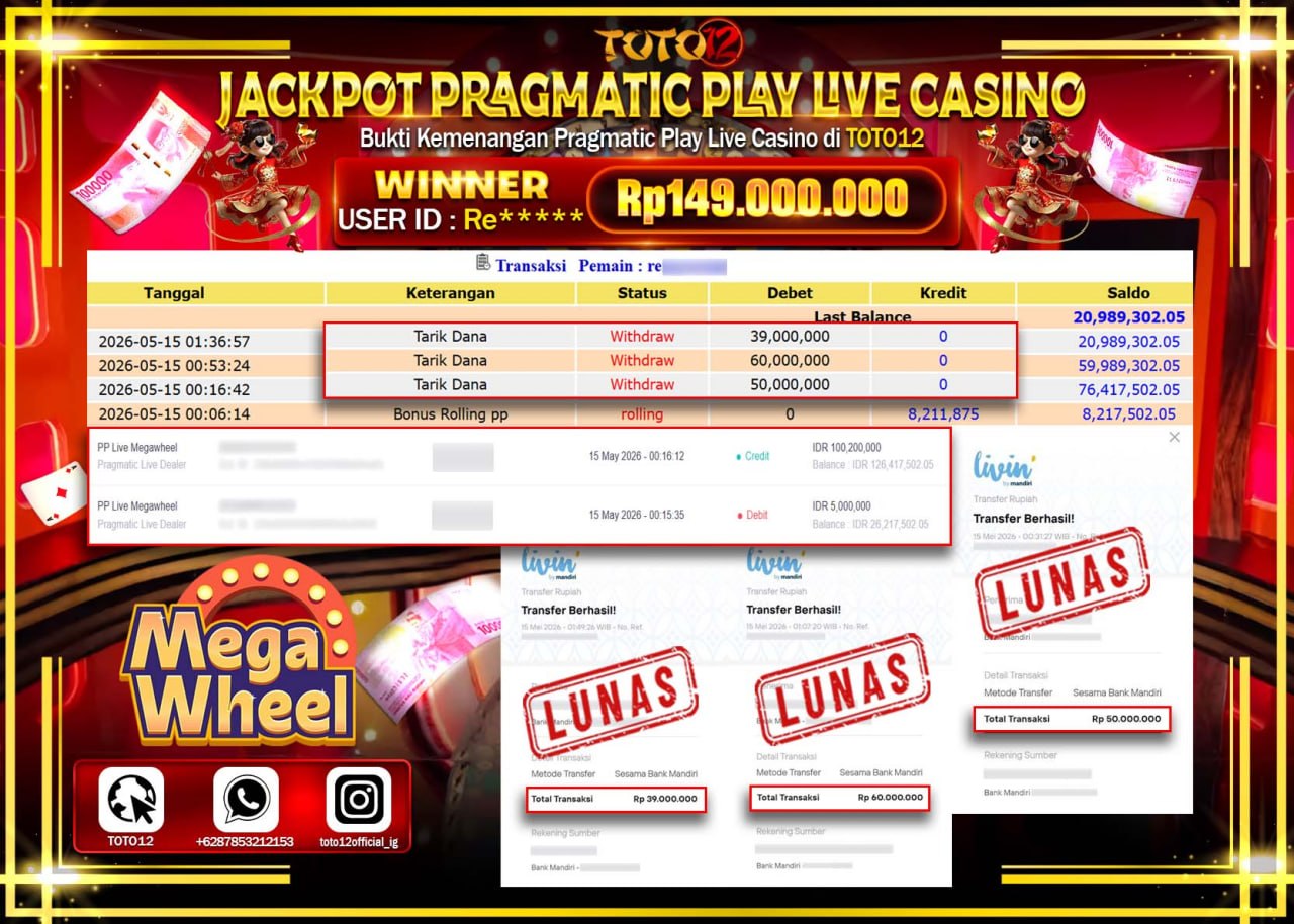 HANYA DI TOTO12 JP PASTI DI BAYAR LUNAS DAN CEPAT!!!!!! JACKPOT PRAGMATIC PLAY LIVE GAME CASINO (PP LIVE MEGA WHEEL) Rp149.000.000!!!!