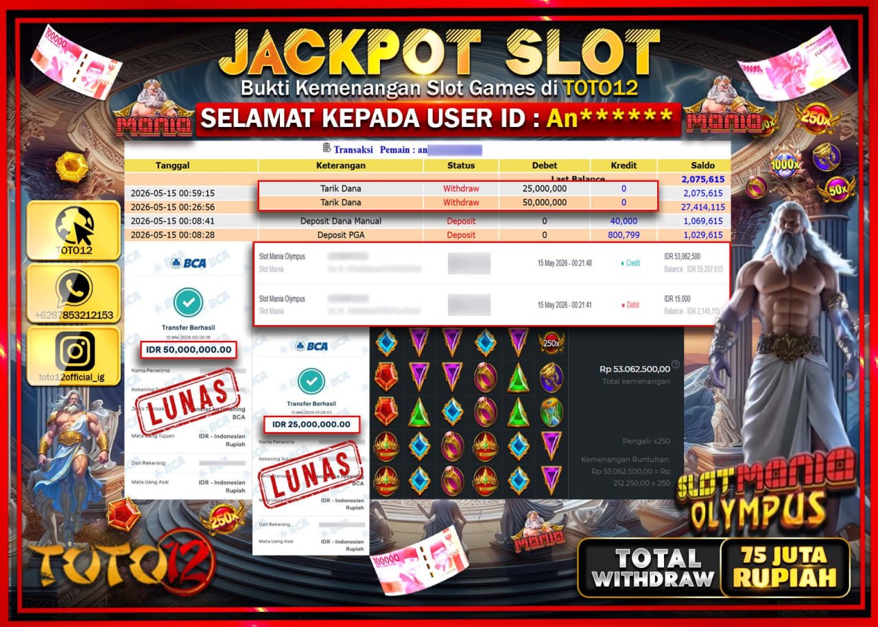 HANYA DI TOTO12 JP PASTI DI BAYAR LUNAS DAN CEPAT!!!!!! JACKPOT SLOT GAME (SLOT MANIA OLYMPUS) Rp75.000.000!!!!
